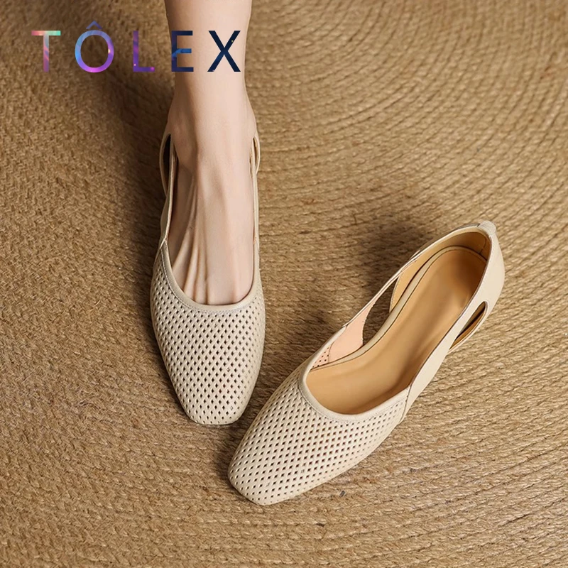 单鞋中跟百搭复古平底法式镂空夏季修面皮编织