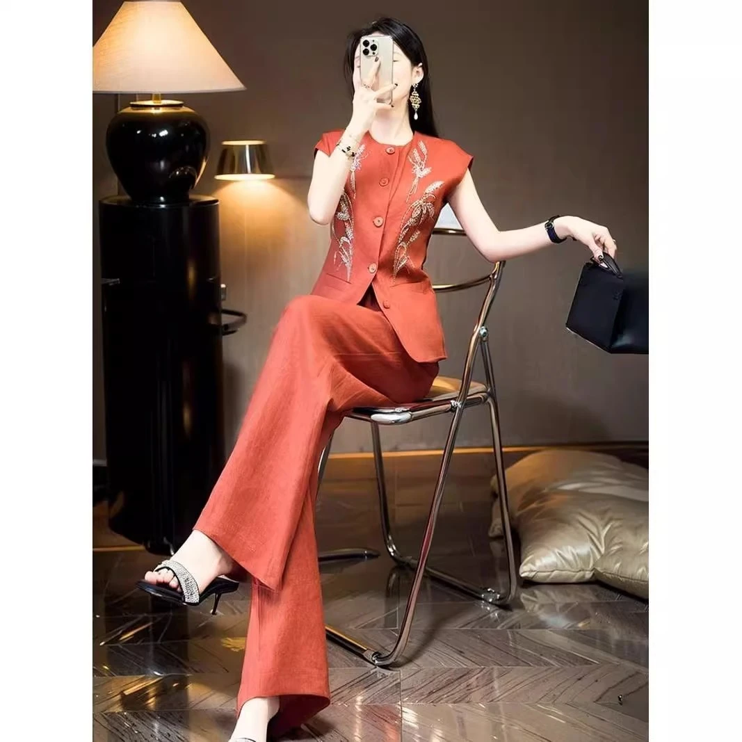2025年夏季韩系重工烫钻刺绣橘色短袖西装西裤两件套装女