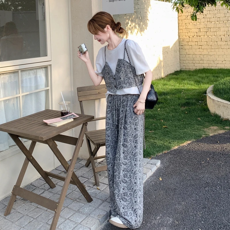 夏日穿搭印花假两件阔腿裤套装女2025新款松弛感感遮肉显瘦两件套
