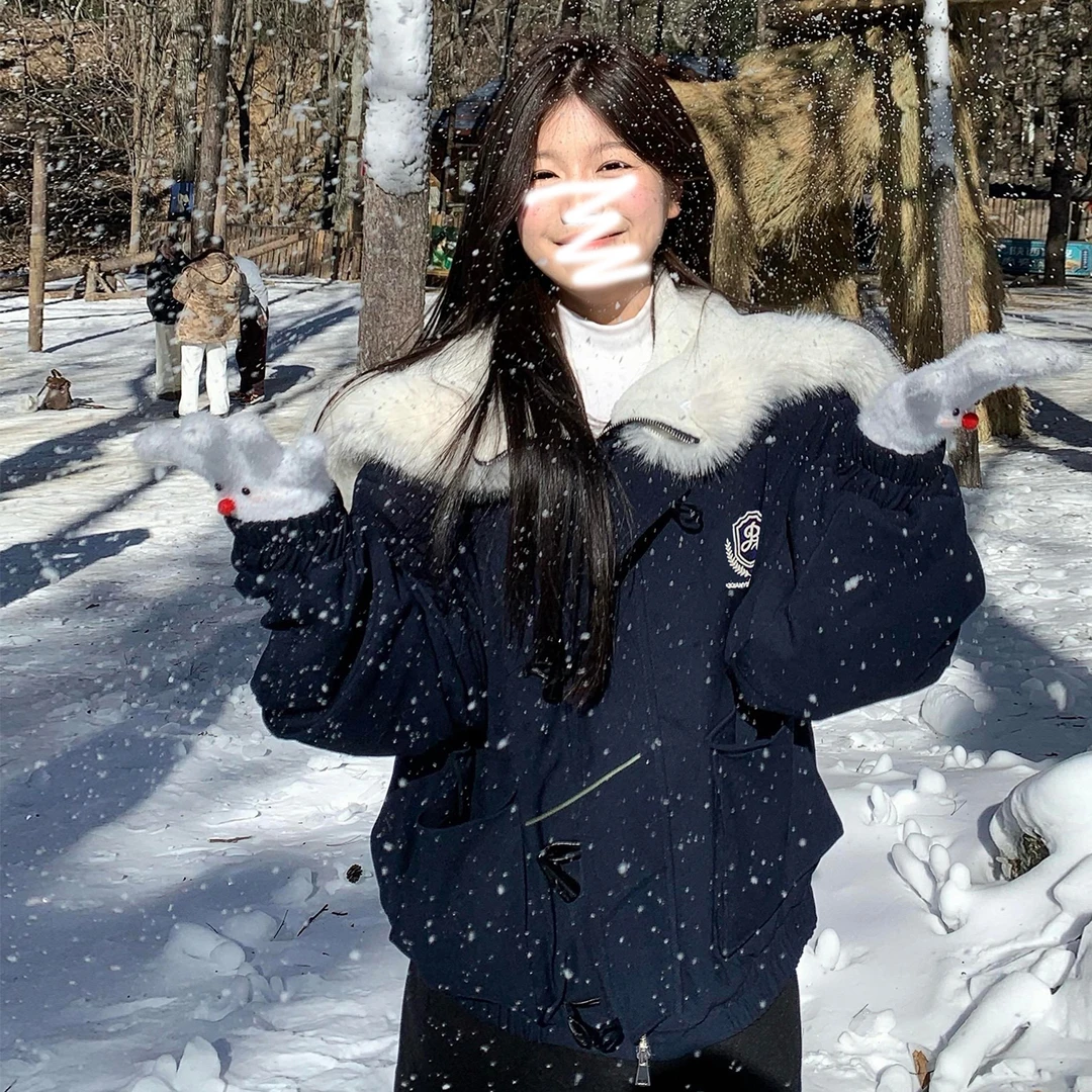 学院风藏青色设计感棉服女冬2025新款韩系牛角扣加厚棉衣学生外套