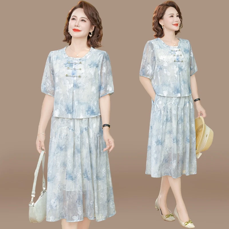 年轻妈妈夏装连衣裙新中式国风雪纺裙中老年女夏季短袖假两件裙子