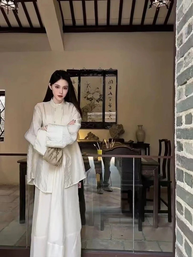 大码时尚国风百搭立领上衣厚款白色圆领长袖长款气质裙子-DS003