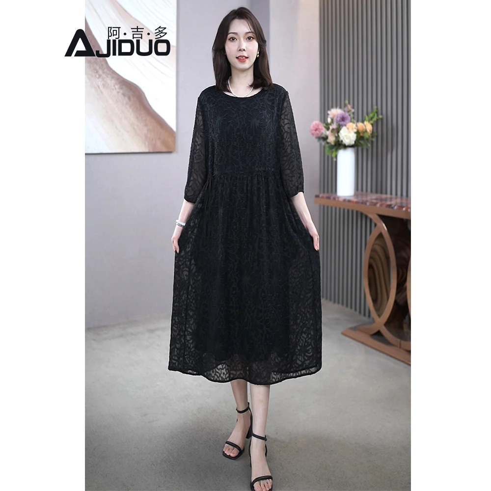 阿吉多A32395大码黑色高级烧花七分袖连衣裙早秋新款收腰宽松裙子
