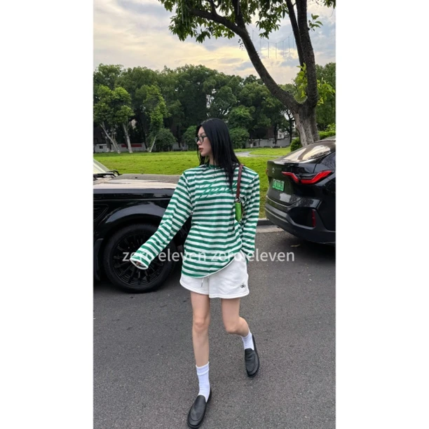 zero eleven定制个性百搭宽松字母印花条纹长袖防晒T恤夏 ZHC5509