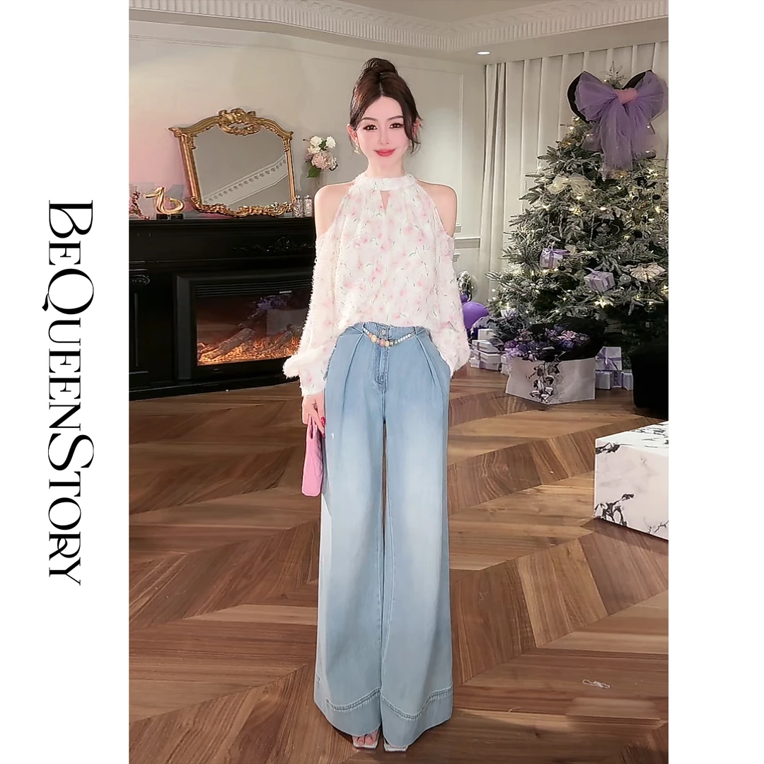 BeQueenStory【冰糖牛仔】经典复古洗水休闲显瘦阔腿牛仔裤女新款