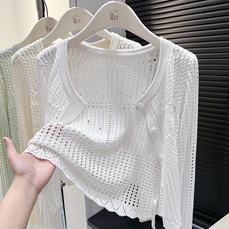 白色圆领镂空针织高级感开衫秋季新款洋气长袖宽松短款披肩薄款女
