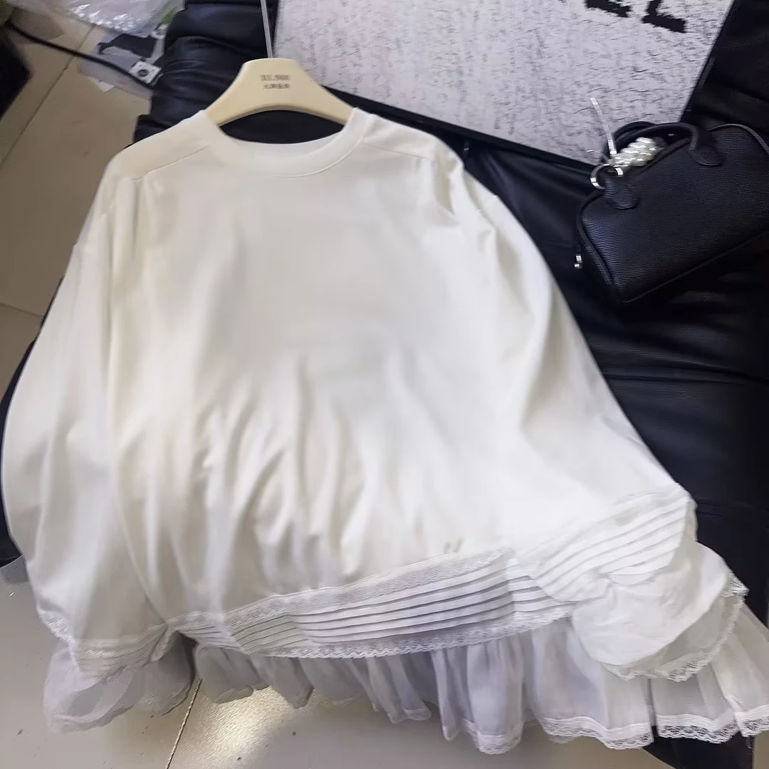 丨早秋新款白色花边蕾丝简约干净百搭打底衫  5448