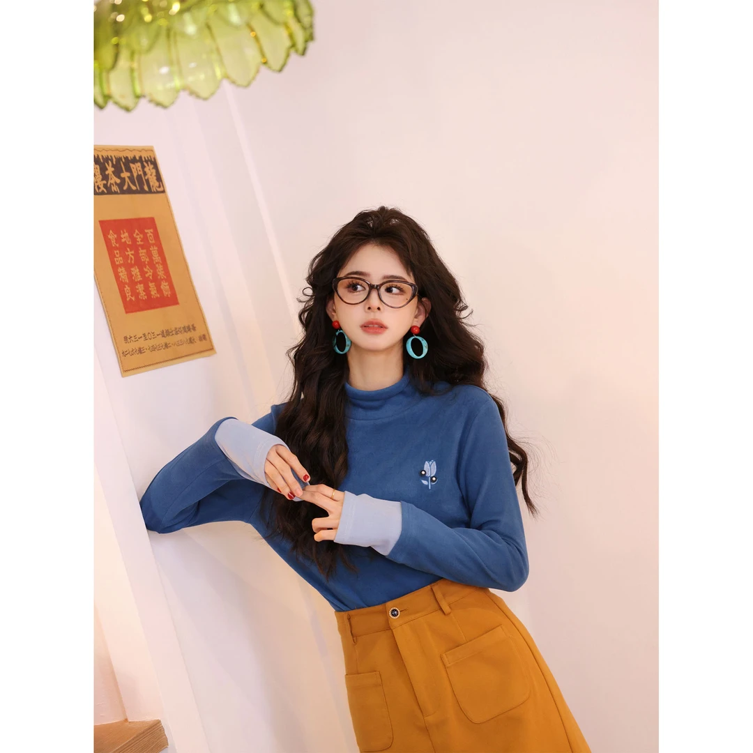 陈佳洁【海的女儿】港风复古刺绣拼接长袖百搭针织打底衫JR3882059