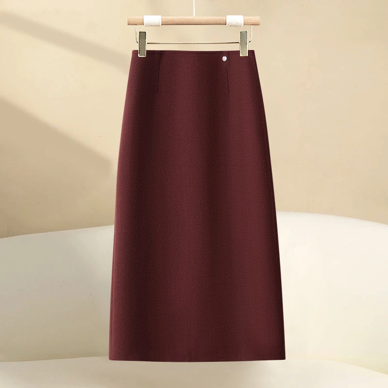 拉夏贝尔安可拉红毛呢半身裙女2025年早春新款高腰显瘦开叉A字裙