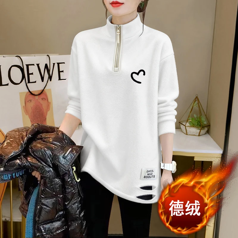 秋冬新款德绒保暖拉链半高领T恤简约时尚印花款上衣中长款打底衫