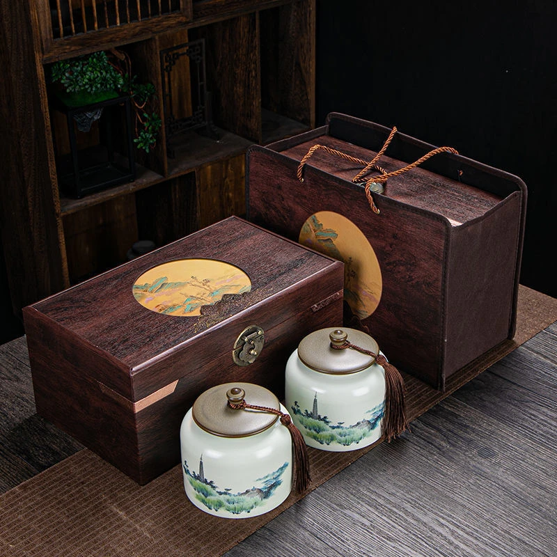 特级-金骏眉复古山水画高档木质礼盒陶瓷罐茶叶礼盒装送长辈送礼