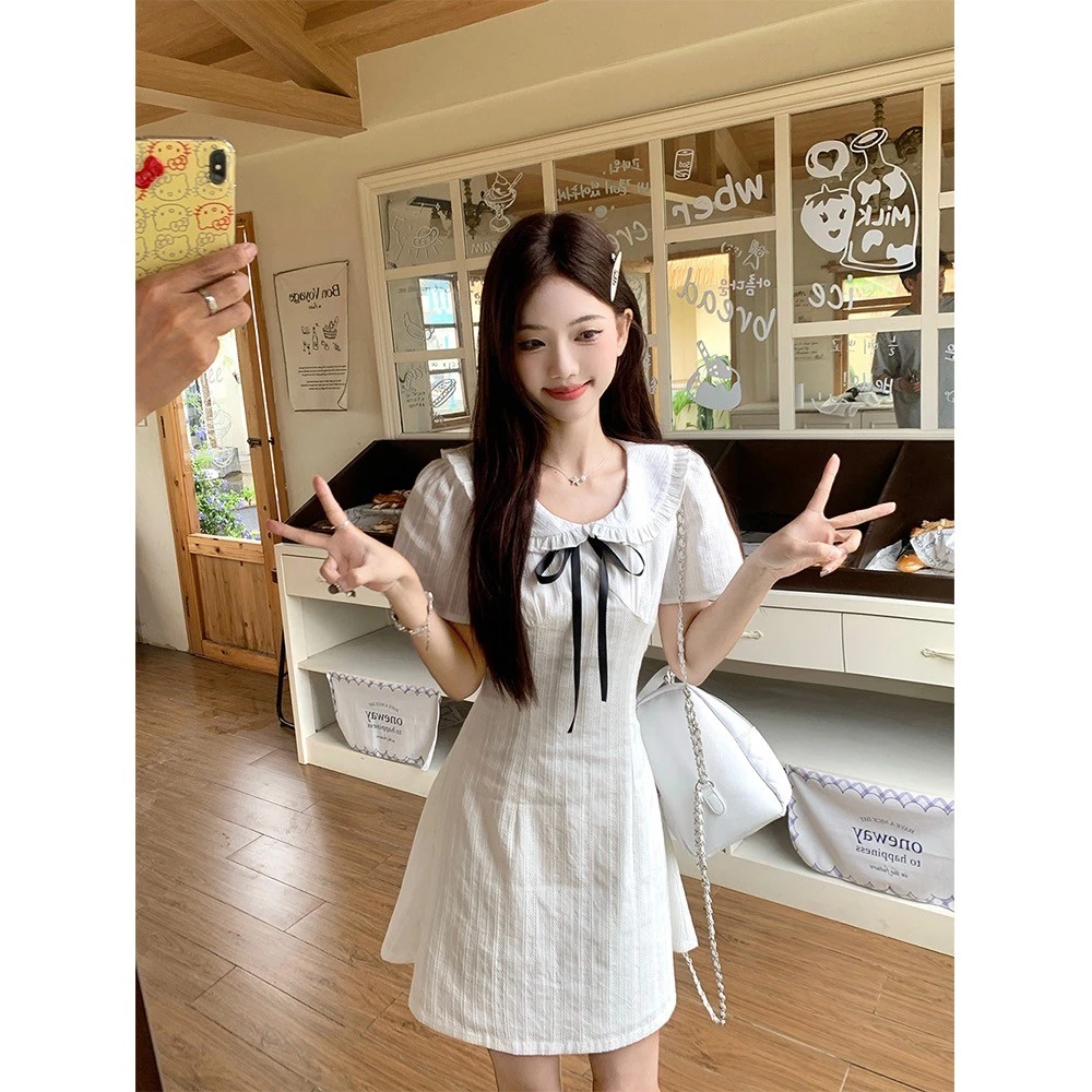 【追梦少女】法式夏季气质蝴蝶结温柔白月光收腰显瘦连衣裙女21128