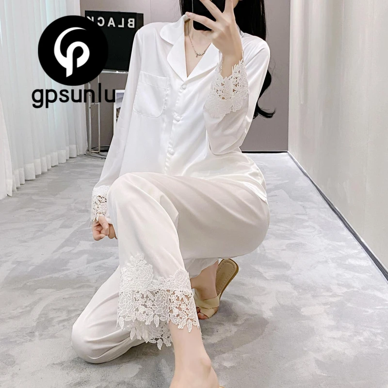 GPSUNLU睡衣女春夏薄款秋季新款高级感冰丝蕾丝睡衣外穿家居服