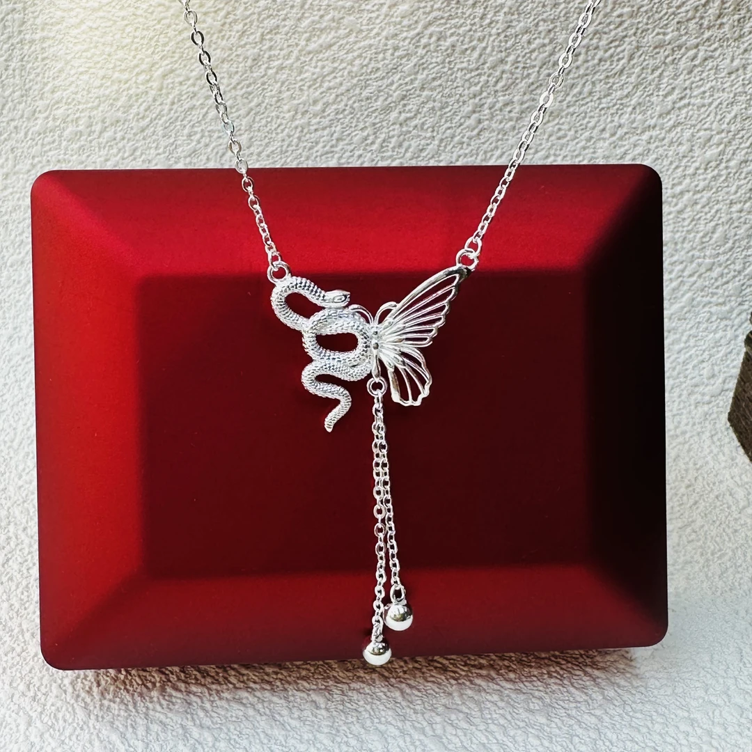 吊坠足银 苗乐足银蝴蝶与灵蛇套链流苏高级感设计