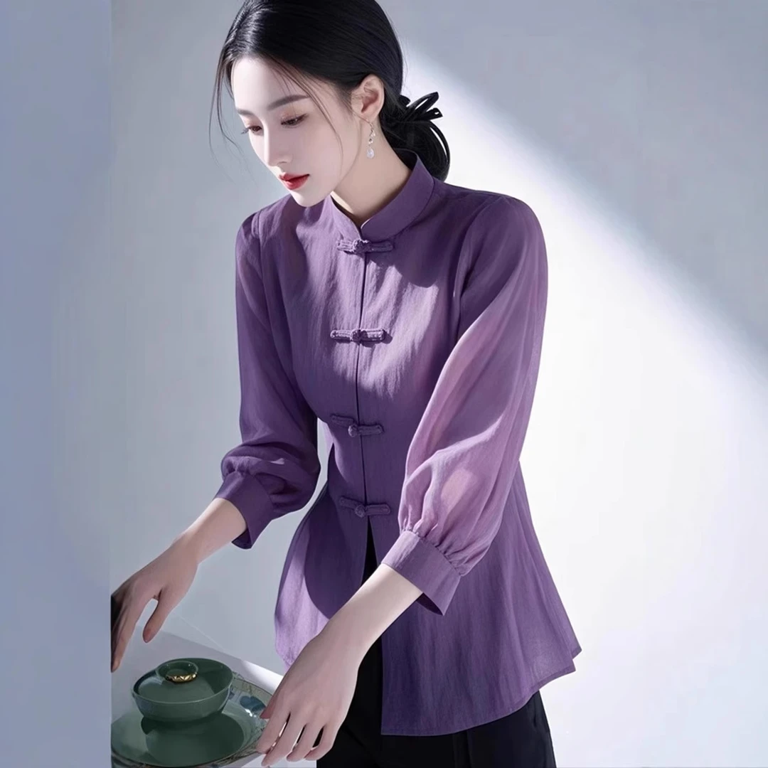 2025春装新款高级感轻奢减龄洋气超好看独特漂亮掐腰紫色盘扣衬衫