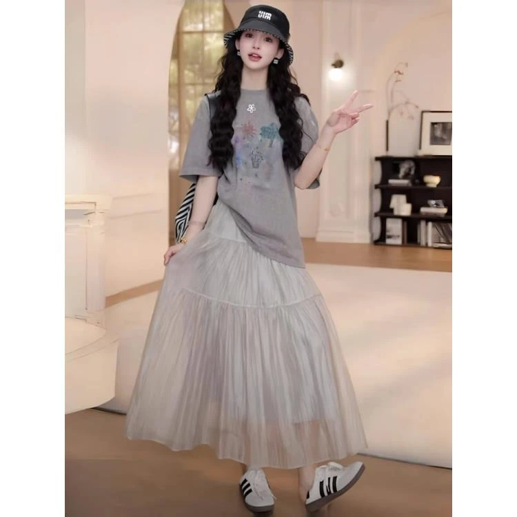 欧货慵懒风休闲套装女2025新款简约短袖T恤女配网纱半身裙两件套