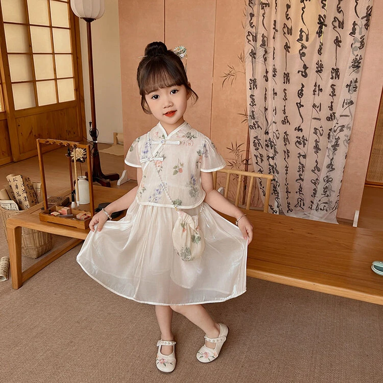 女童中式盘扣连衣裙裙子汉服儿童夏装新款女孩夏季公主洋气中国风