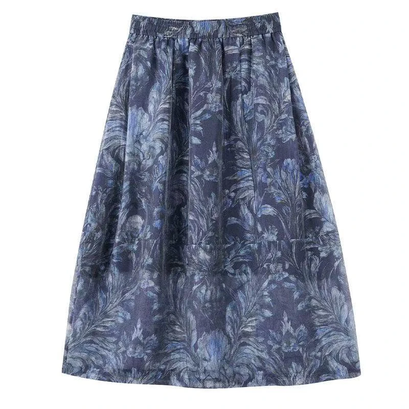 天丝亚麻A字网纱印花半身裙显瘦法式气质2025夏季中长轻薄花苞裙