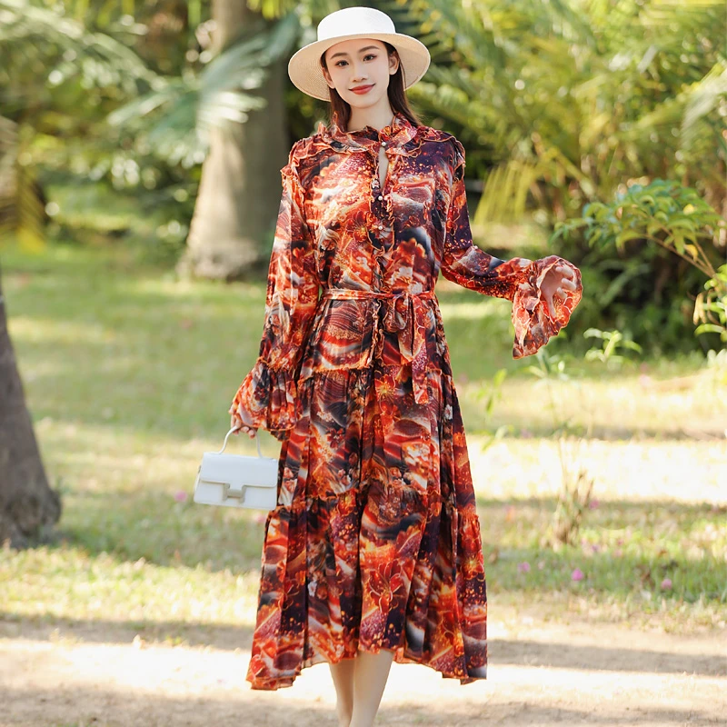 拜占庭的森林百搭显瘦高端轻奢气质拼接双绉重磅真丝中长款连衣裙