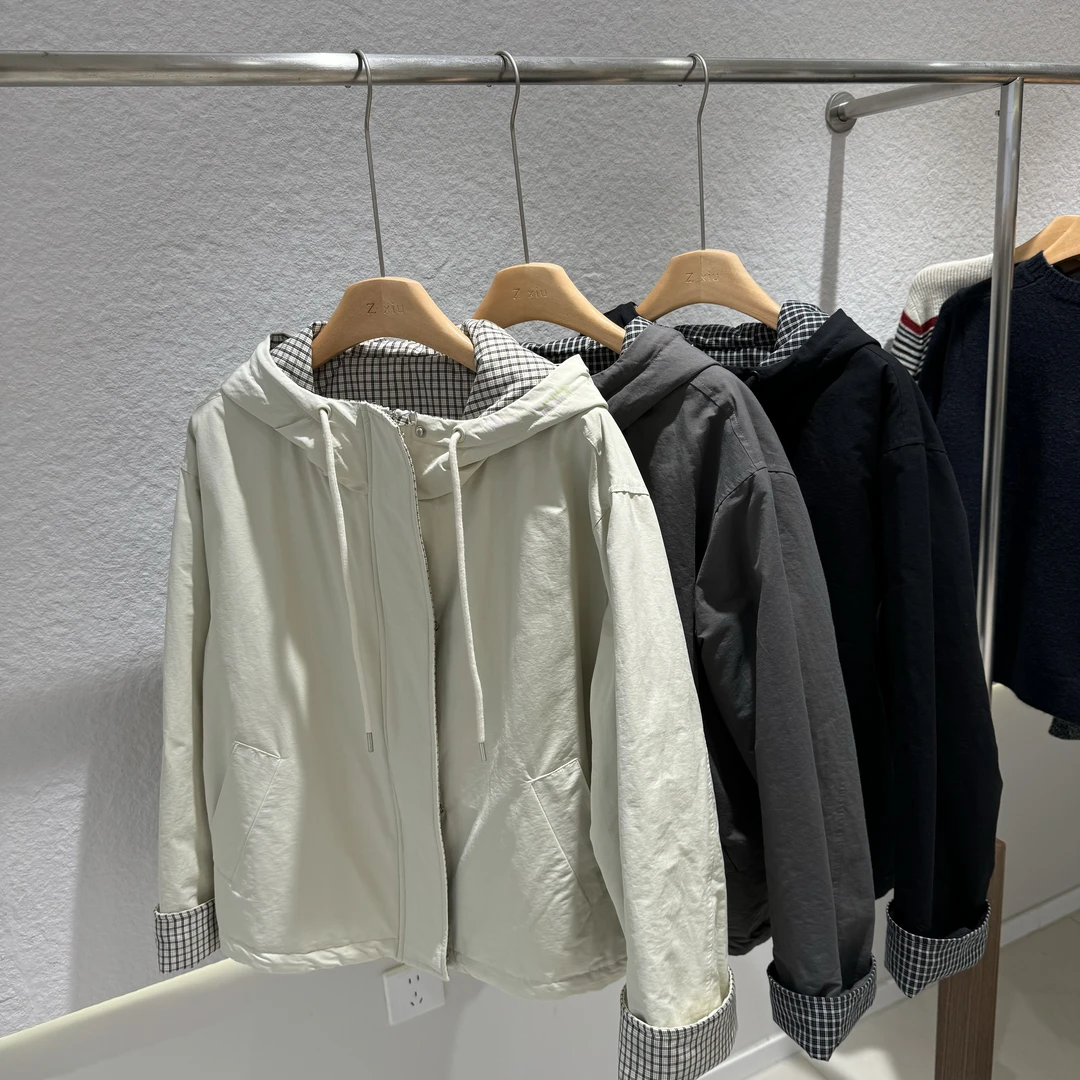 欧货舒适透气棉质连帽宽松显瘦百搭休闲格子翻边棉衣外套