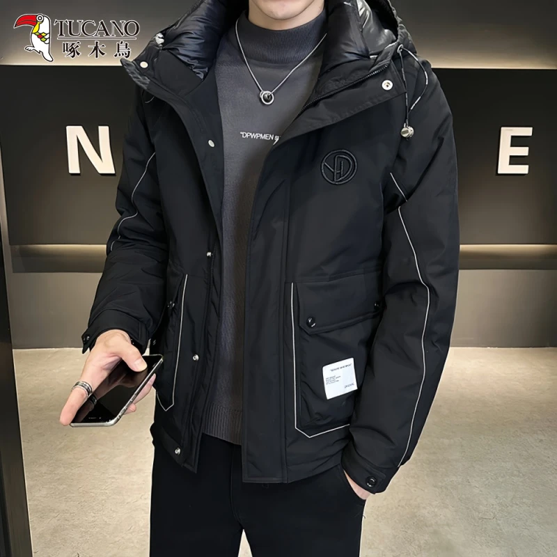 啄木鳥高级感男士刺绣羽绒服冬季新款潮流连帽工装保暖白鸭绒外套