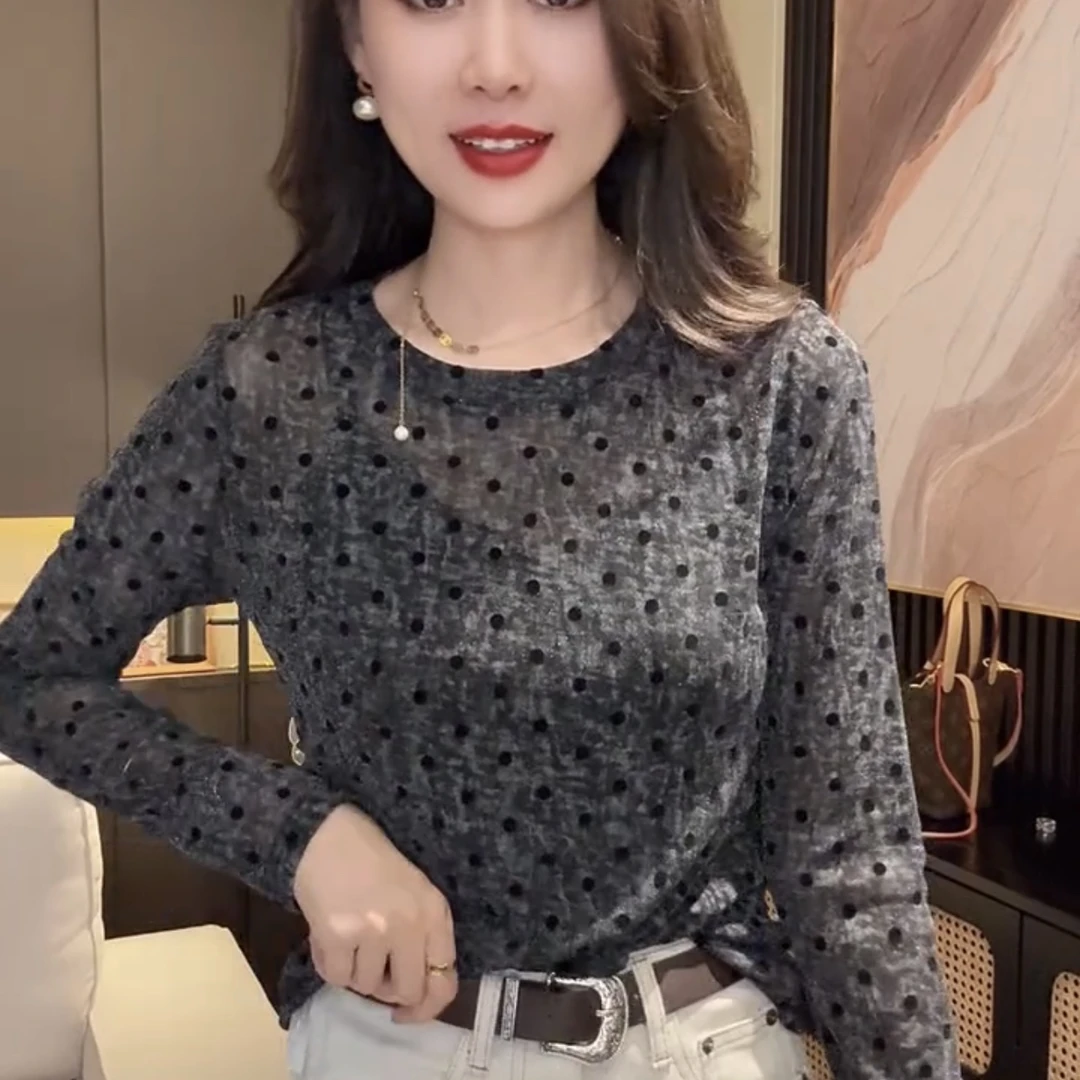 法式长袖常规圆领新潮点点T恤时尚气质显瘦小衫