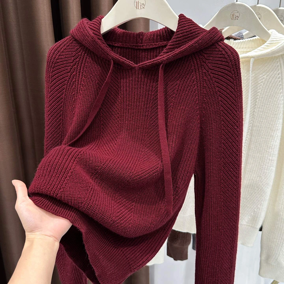 肌理感条纹针织连帽打底衫女装新款别致漂亮套头小衫内搭长袖上衣