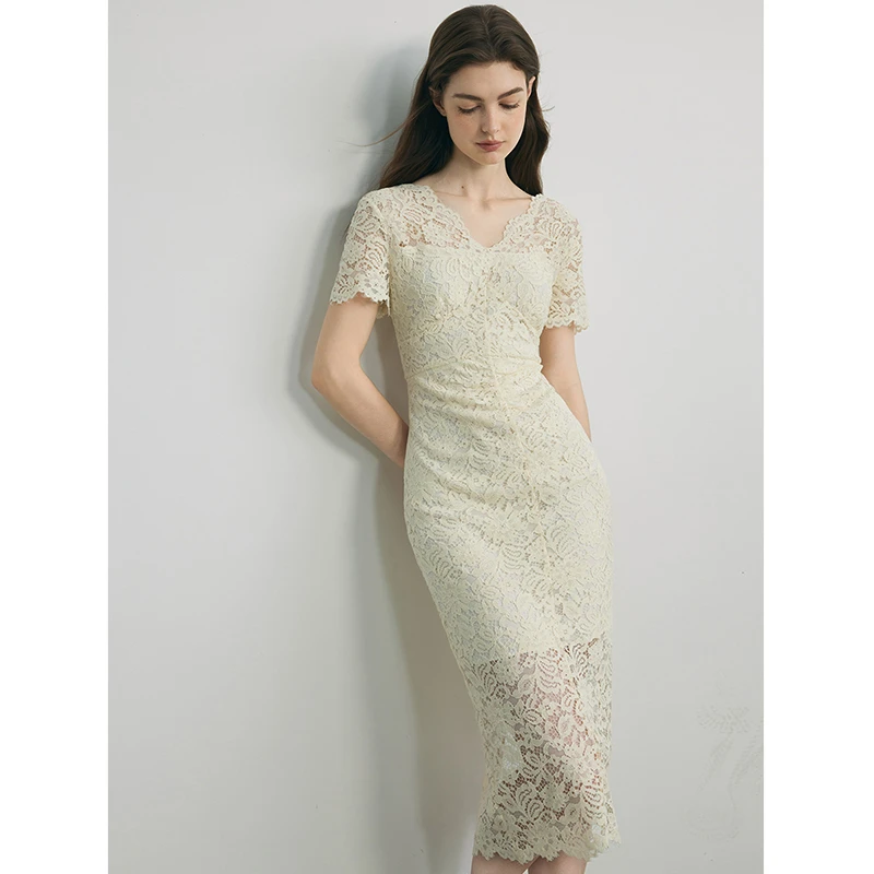 【现货】Mix SelectionV领蕾丝短袖修身连衣裙2025夏季MSBJQ0406