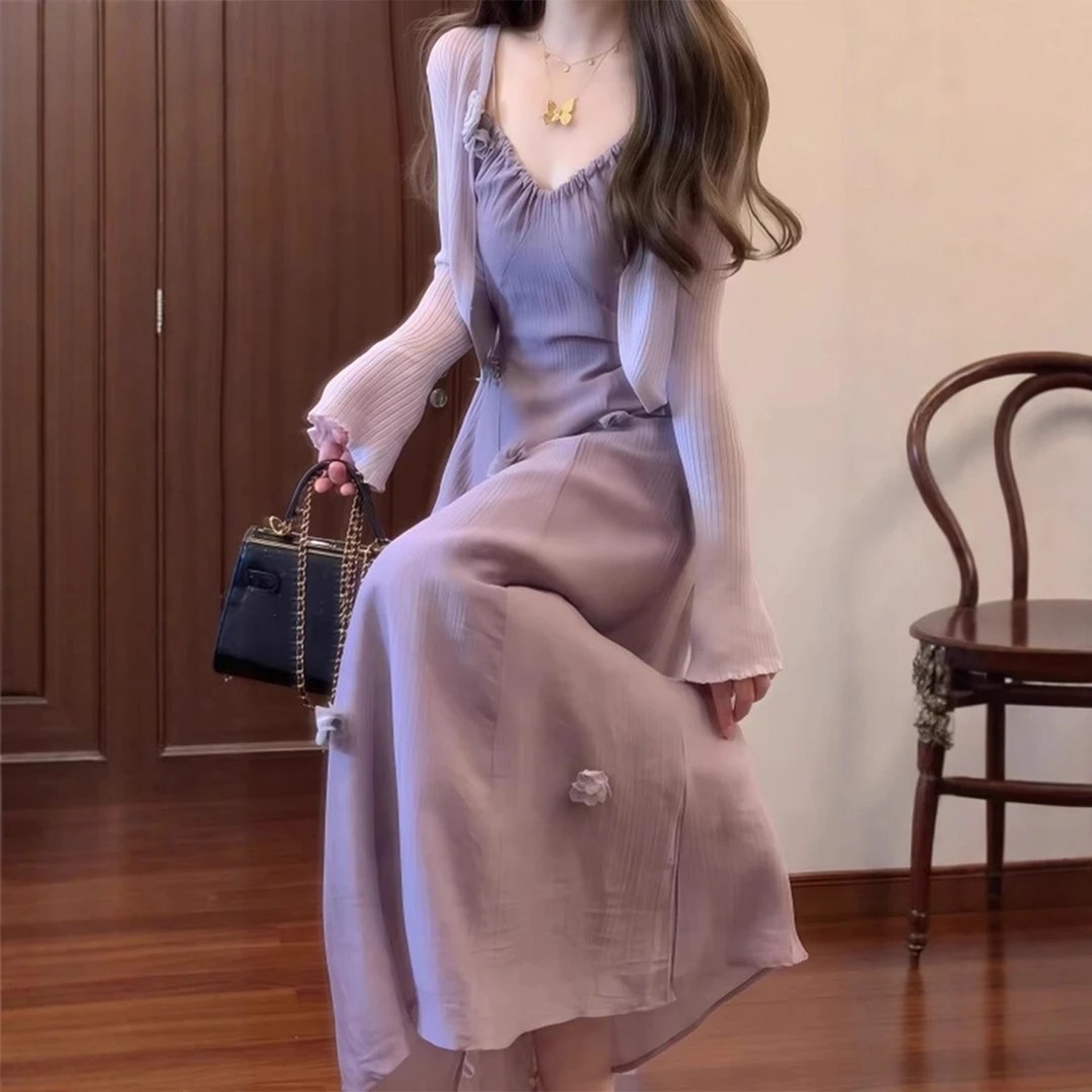 2025秋季穿搭开衫吊带裙套装法式高级感超好看紫色花朵连衣裙子女