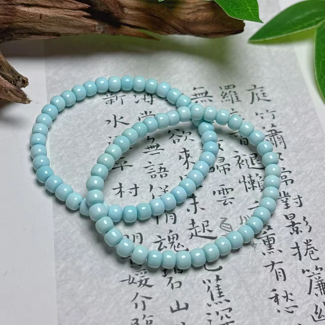 《铁头老猪》QQ089天然高瓷绿松老行素圈手串约4*5mm多样性发其一