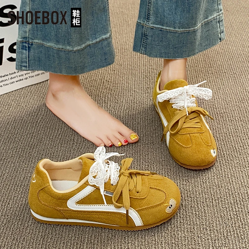 SHOEBOX鞋柜复古黄色德训鞋女2025秋季新款超火百搭平底运动板鞋