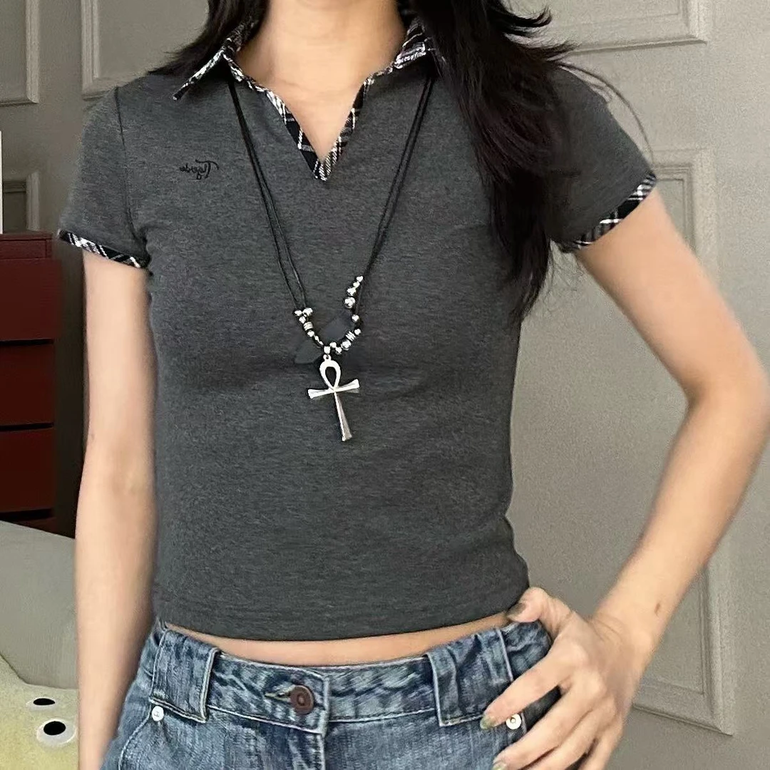 【青青】爱丽丝复古格纹小翻领短袖T恤显瘦修身上衣S25307无运补