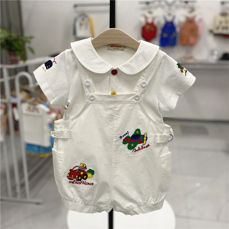 日系卡通小熊飞机刺绣背带短裤22夏季男女儿童宝宝连体吊带裤2731