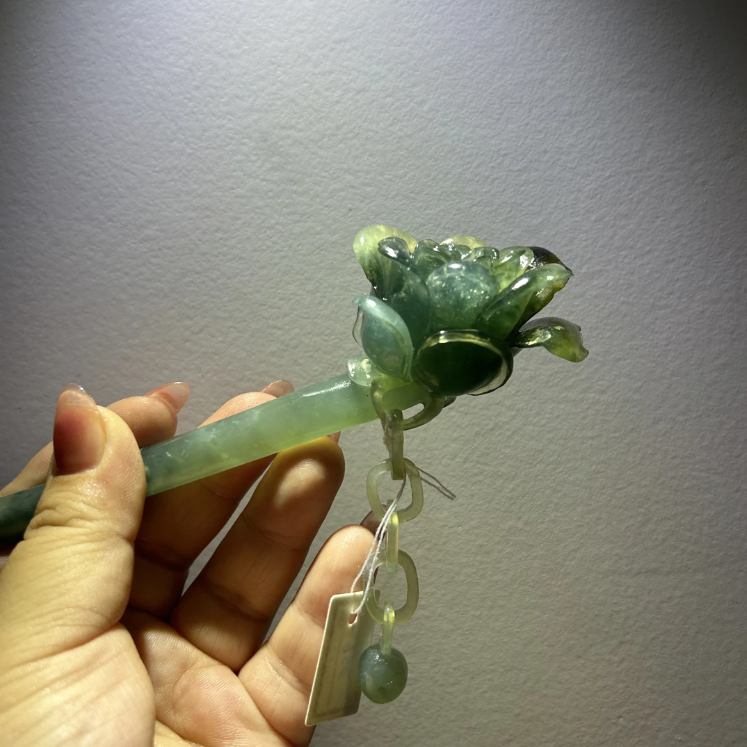 天然岫玉发簪 蓝水 玫瑰花玉簪