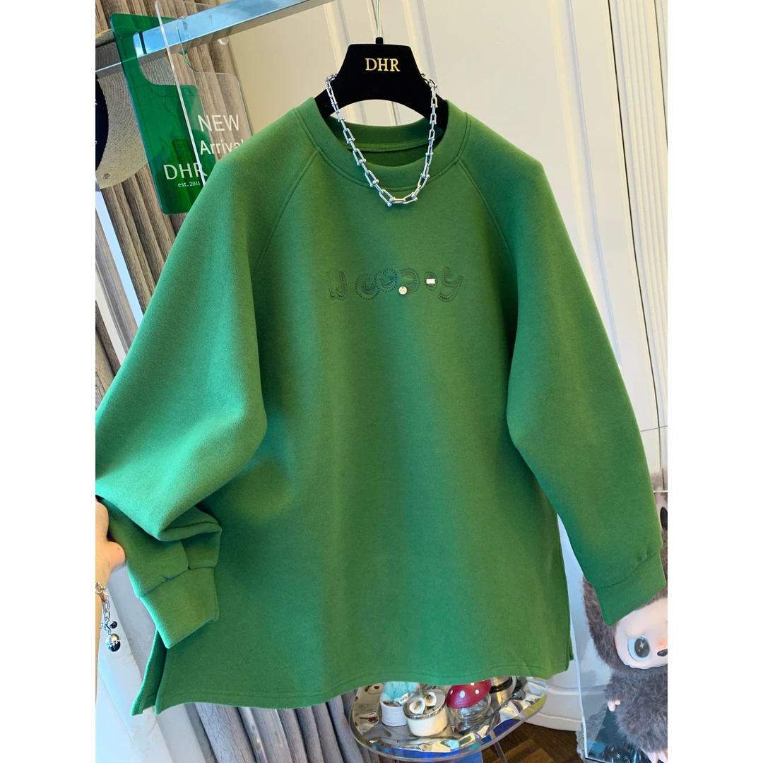 胖妹妹240斤大码超好看刺绣磨毛长袖T恤套头韩版宽松内搭上衣女冬