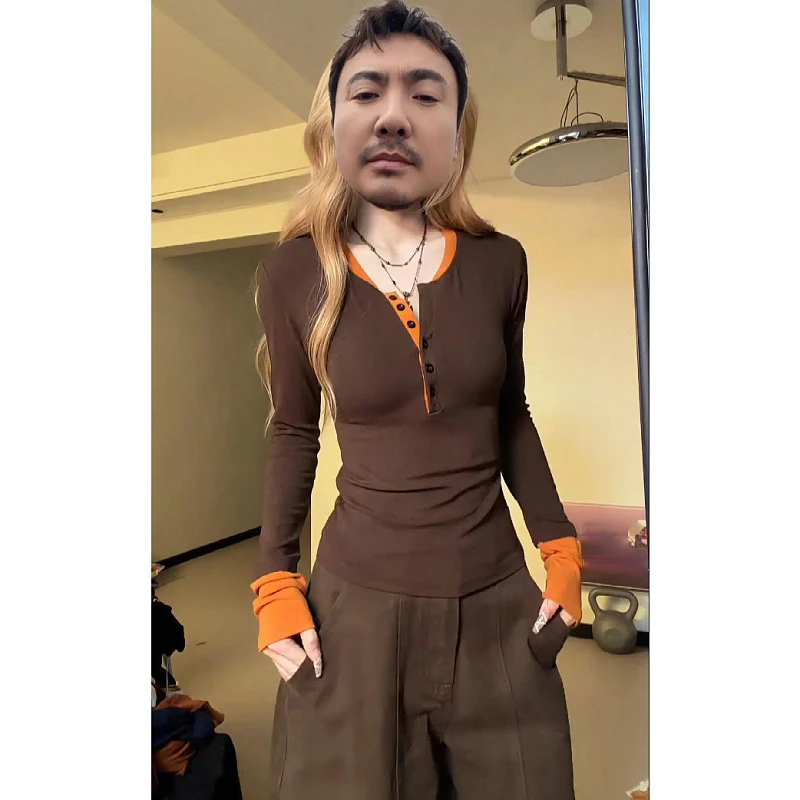 大码韩系撞色拼接假两件长袖t恤女秋冬季修身显瘦内搭打底衫上衣