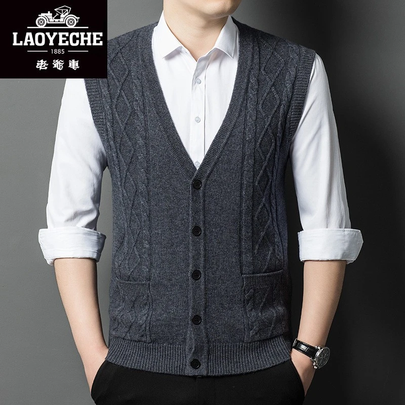 老爷车春秋新款商务休闲中年男士羊毛背心100纯羊毛马甲加厚保暖V