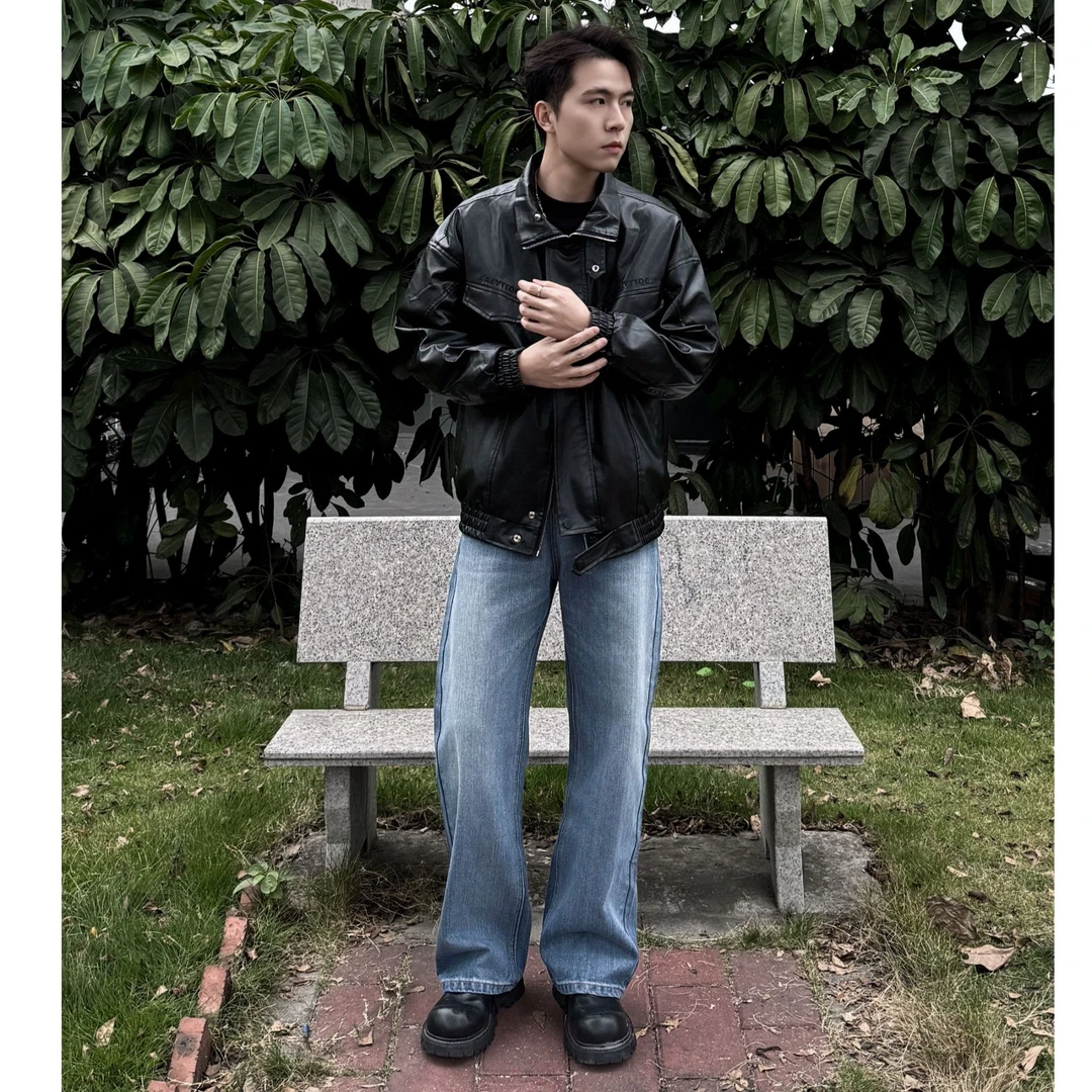 竹节纹cleanfit 冬季加厚美式竖纹直筒拖地男女同款宽松牛仔裤