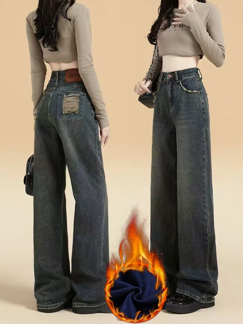 编码[101-200]冬季新款韩版加绒牛仔长裤