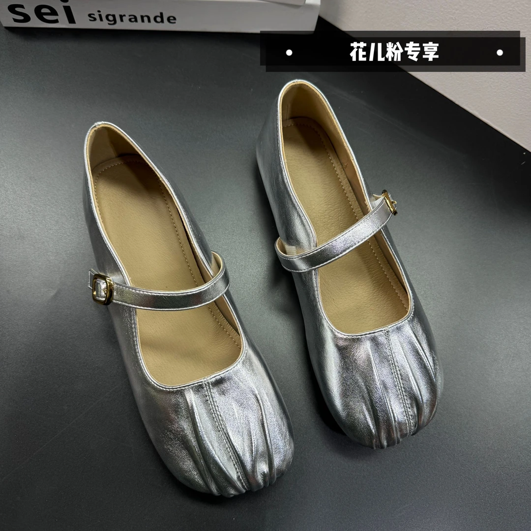 平跟乐福鞋方头透气软底百搭浅口女鞋圆头粗跟单鞋B5802-1p银色