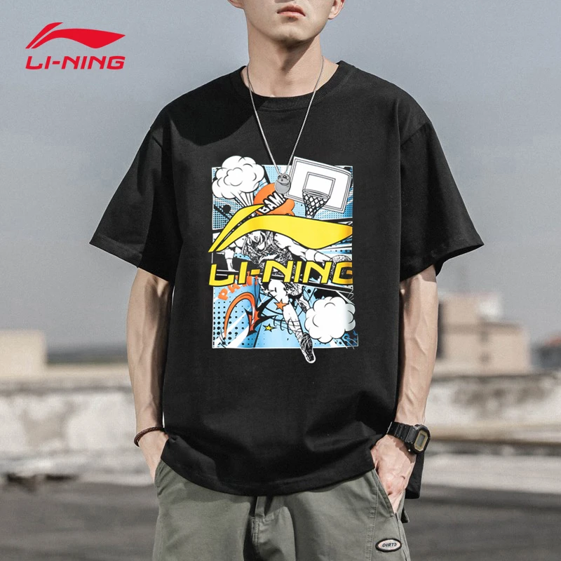 李宁短袖男款宽松舒适2025夏季黑色潮流简约印花时尚圆领半袖短袖