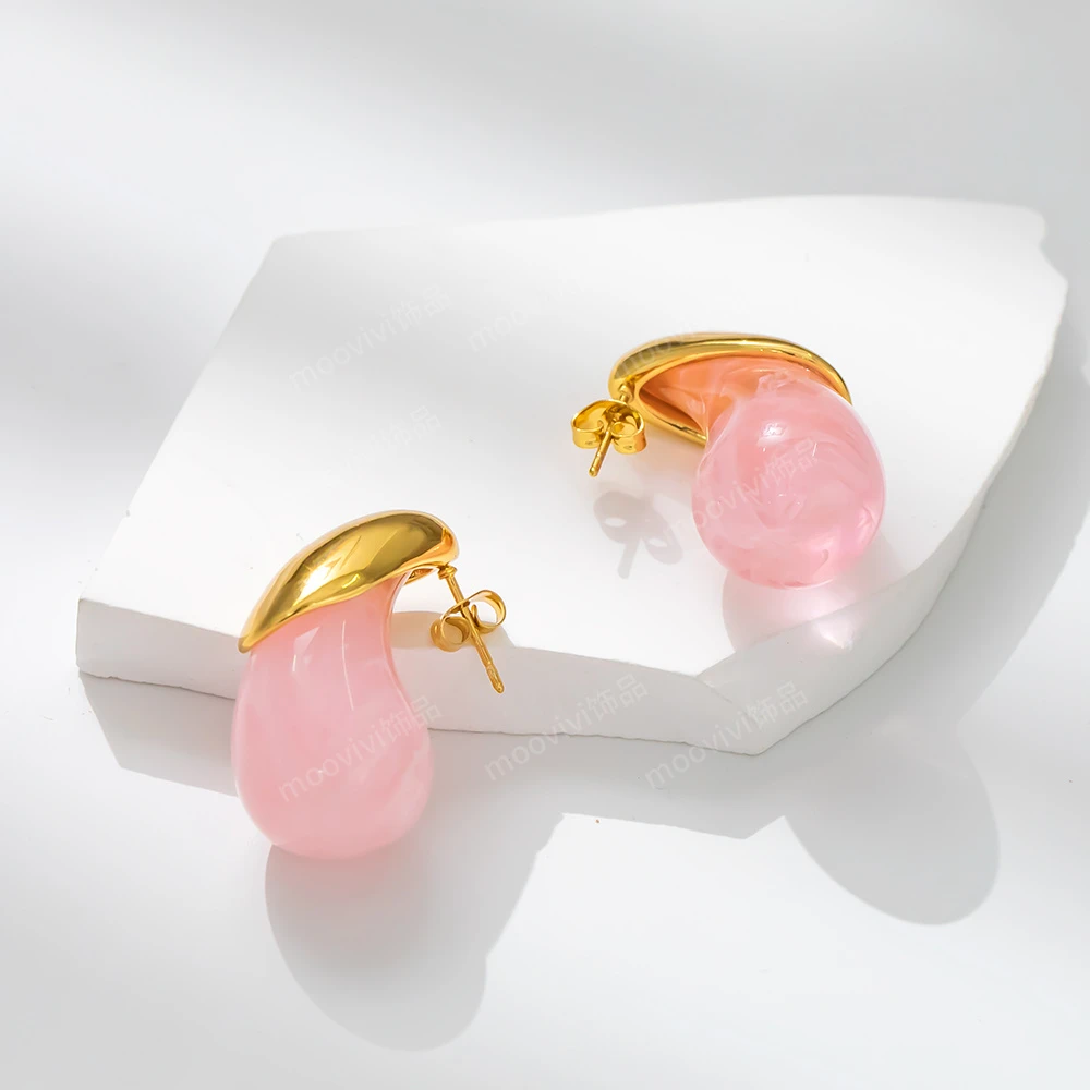 钛钢树脂耳饰 女可爱小众气质钛钢水滴型彩色耳环[水波光影]KE029