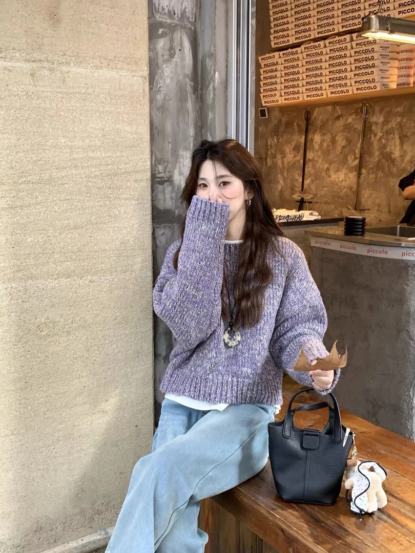 韩版高级感简约气质紫色毛衣女秋冬季设计感宽松显瘦优雅百搭上衣