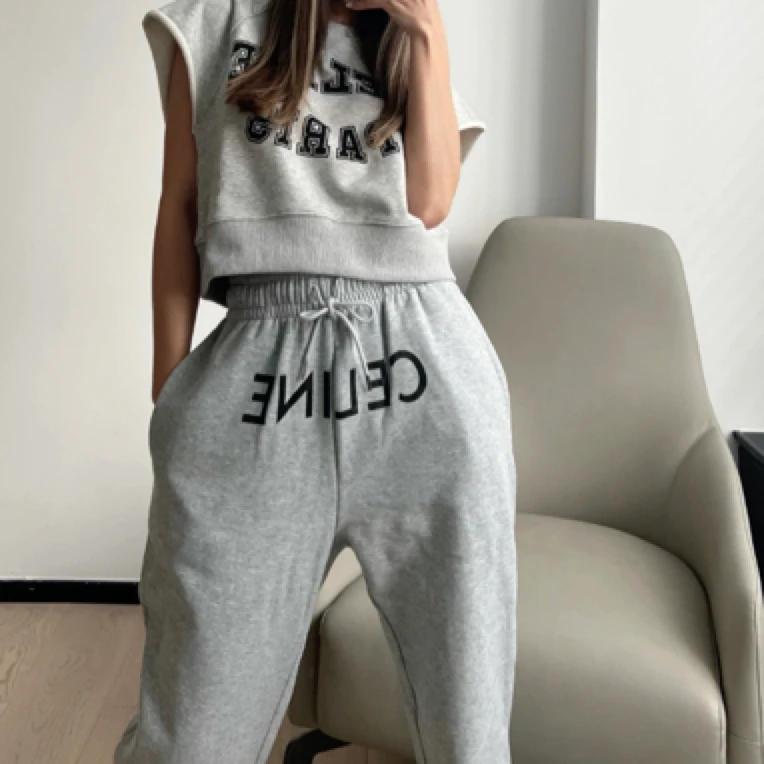 未使用 Celine/思琳 logo印花抓绒束脚运动卫裤 灰色/L