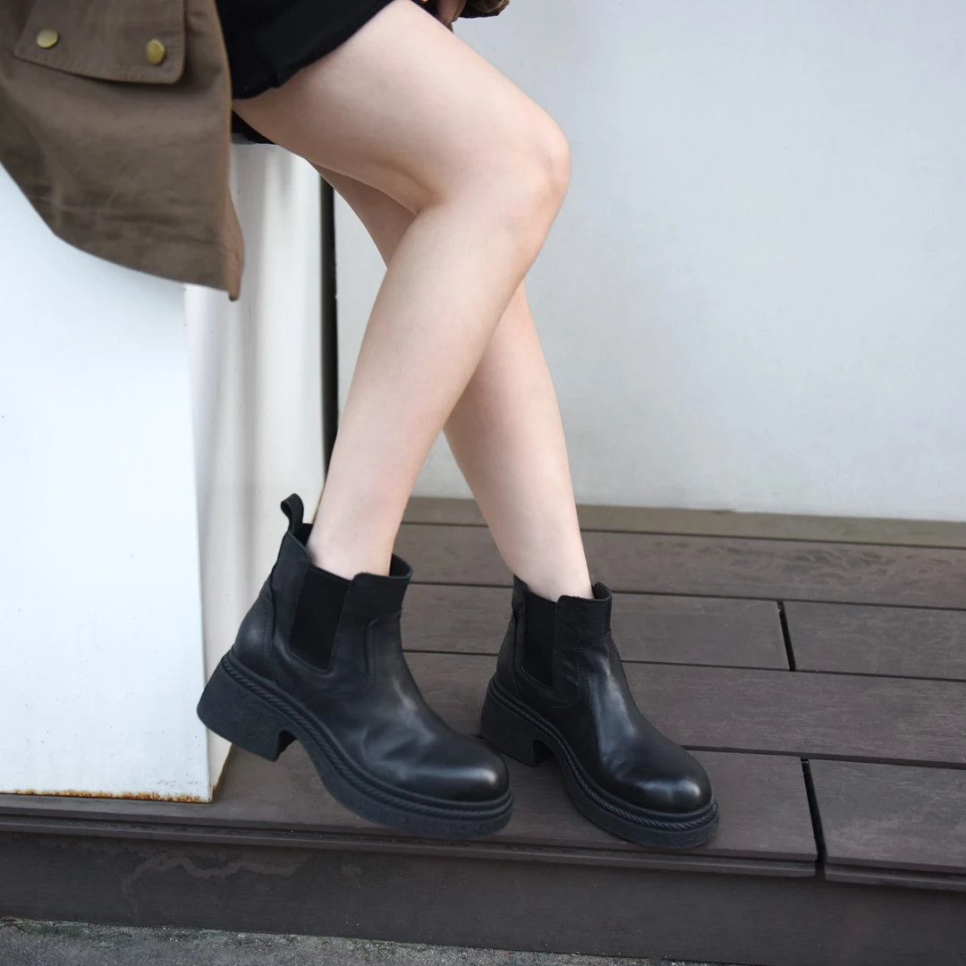 Artmu阿木厚底切尔西短靴子爆款真皮粗跟黑色女靴烟筒靴5521-1