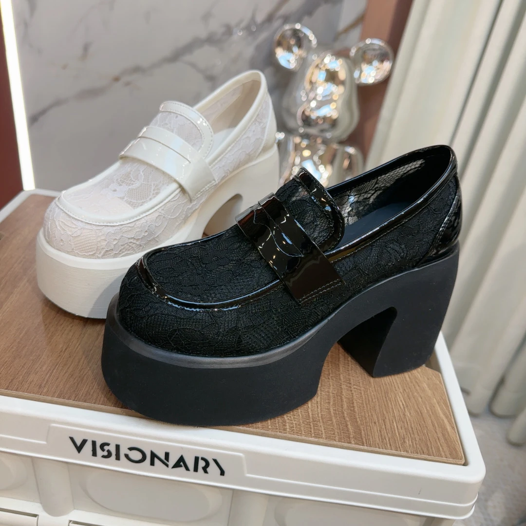 夏季新款蕾丝网纱透气乐福鞋厚底增高小个子时尚高跟鞋1086-51