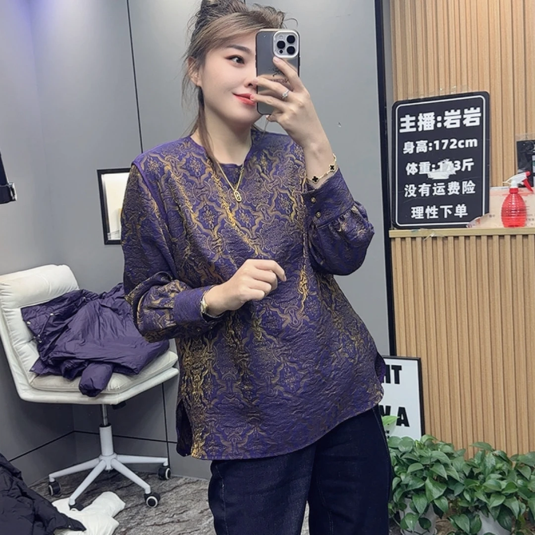 岩岩家秋冬浮雕锦缎显瘦女上衣