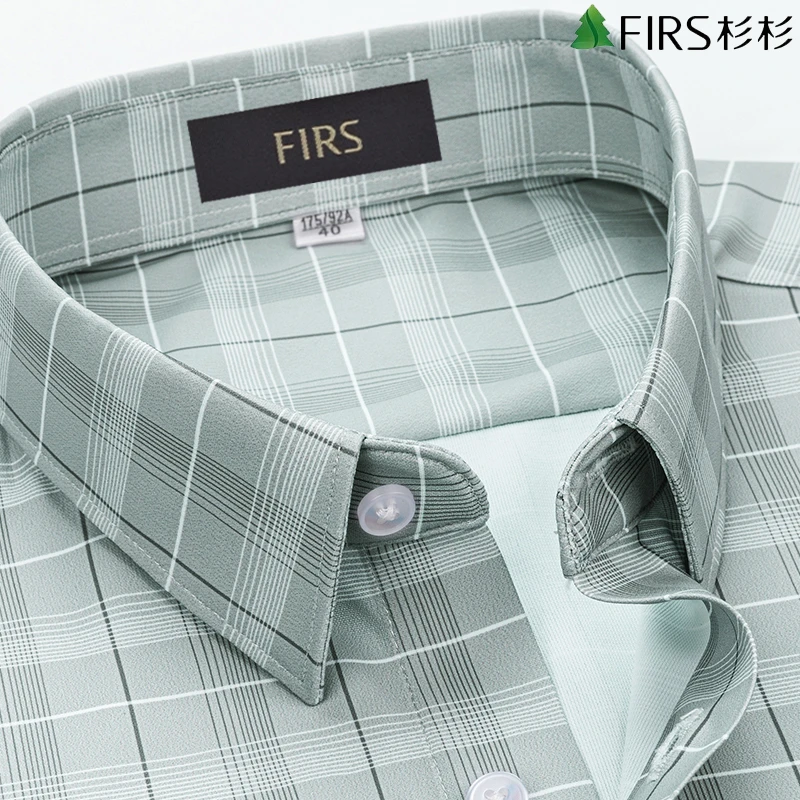 【抗皱免烫】衫衫绿色格子男士长袖衬衫中青年休闲易打理抗皱衬衣男