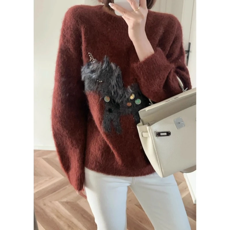 圣诞节氛围感穿搭红色套头小马亮片毛衣女秋冬加厚保暖针织衫上衣