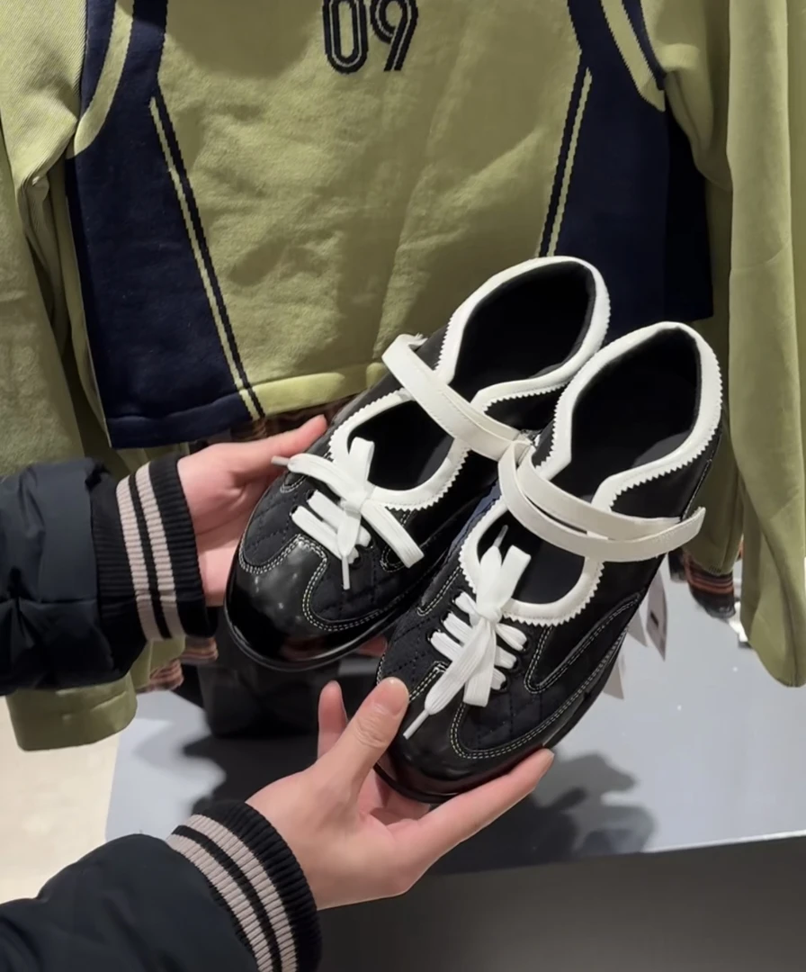 【俏皮韩女黑】真皮浅口蝴蝶结玛丽珍鞋女春秋新款休闲芭蕾舞平底鞋